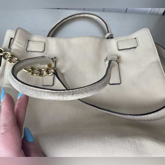 Michael Kors Hamilton Large Vanilla Cream Leather Gold Lock Tote Bag Purse - Picture 5 of 9